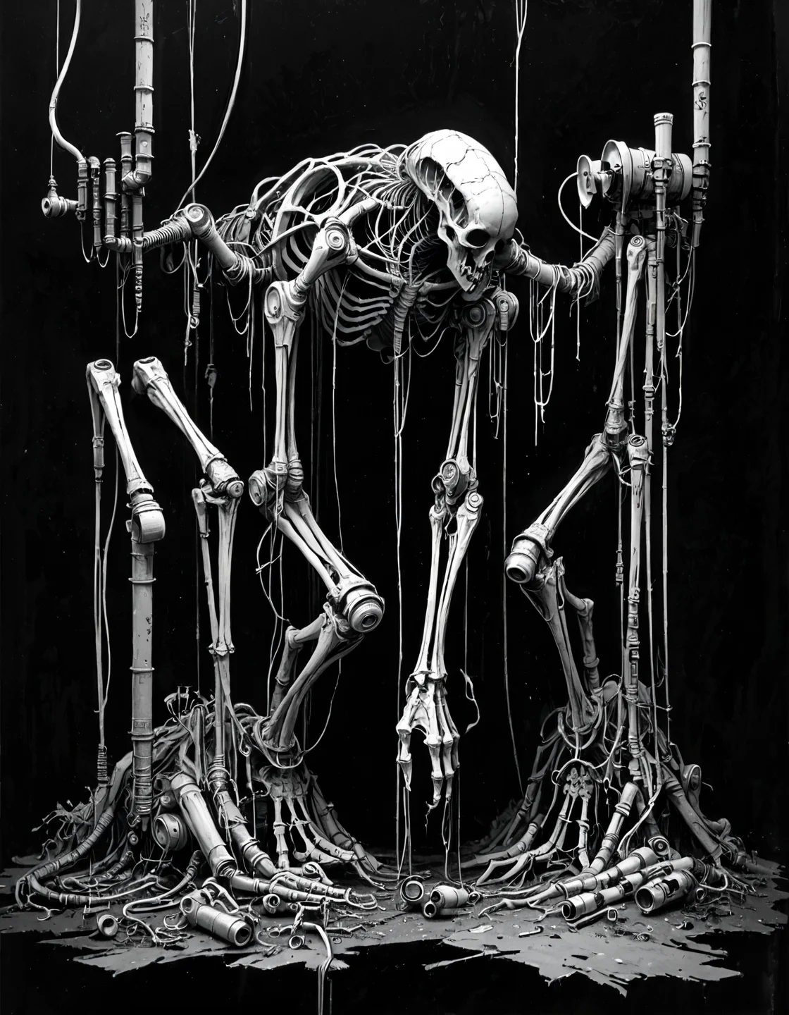 score_9, score_8_up, score_7_up, mm-style, monochrome, black background, (skeletal mage, cyborg monster ), mechanical arms,pipes and wires, tattered robes, horror, dark fantasy, full body, <lora:Monochrome_Monsters_Pony:0.8>