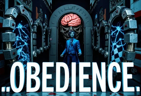 the words ...OBEDIENCE' written in large font fills the front of frame. In the back of frame weird man with in a dark room with checkerboard blue lotus PEOPLE ARE trapped inside machinery, people crushed inside mechanical gears, high gore arms crushed and bent, signs of wailing, people in business suits trapped in machinery. floors with blood on the ground with a white interior cyber tech electricity electical circuits illuminati symbols with brains and vaginas with high technology alchemical background lightning bolts
