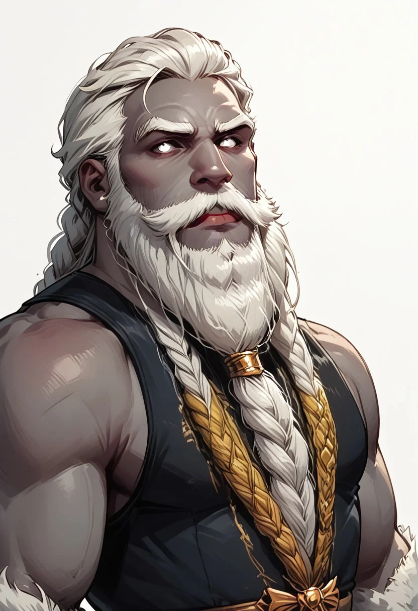 score_9, score_8_up, score_7_up, solo, solo focus, male focus, 1 boy, male, beard, facial hair, braid, braided beard, big beard, epic beard, Duergar, grey skin, grey colored skin, white hair, white eyes, short stature, big nose, wide shoulders, muscular,