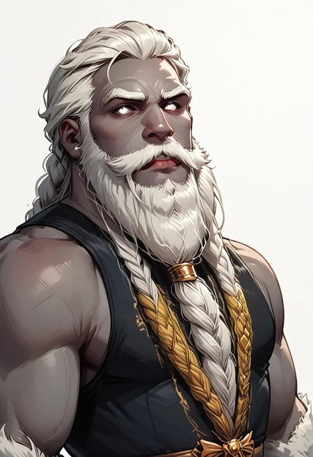 score_9, score_8_up, score_7_up, solo, solo focus, male focus, 1 boy, male, beard, facial hair, braid, braided beard, big beard, epic beard, Duergar, grey skin, grey colored skin, white hair, white eyes, short stature, big nose, wide shoulders, muscular,