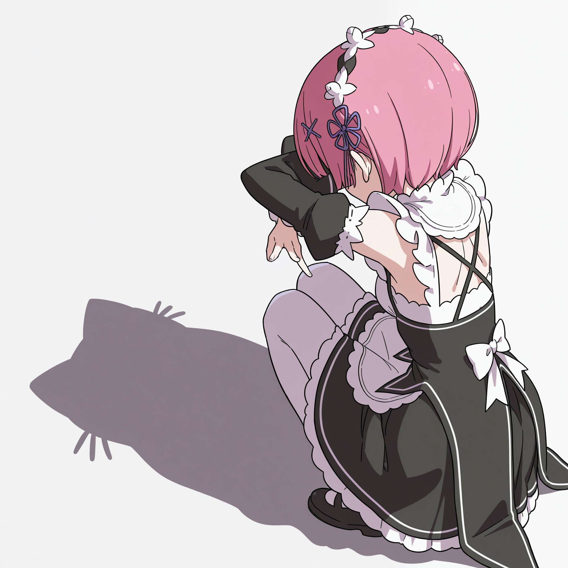 highres, absurdres, hi res, best quality, masterpiece, 2d, intricate details, 4k, anime coloring,
1girl, solo, female, pink hair, short hair, ram \(re:zero\),
maid headdress, maid, maid apron, roswaal mansion maid uniform, detached sleeves,
from behind, from side, shadow, animal, parody, squatting, cat, meme, cat shadow puppet \(meme\), cat shadow puppet (meme), crossed arms,
white background, <lora:Cat_Shadow_Puppet_(Concept)_ILXL:1>,