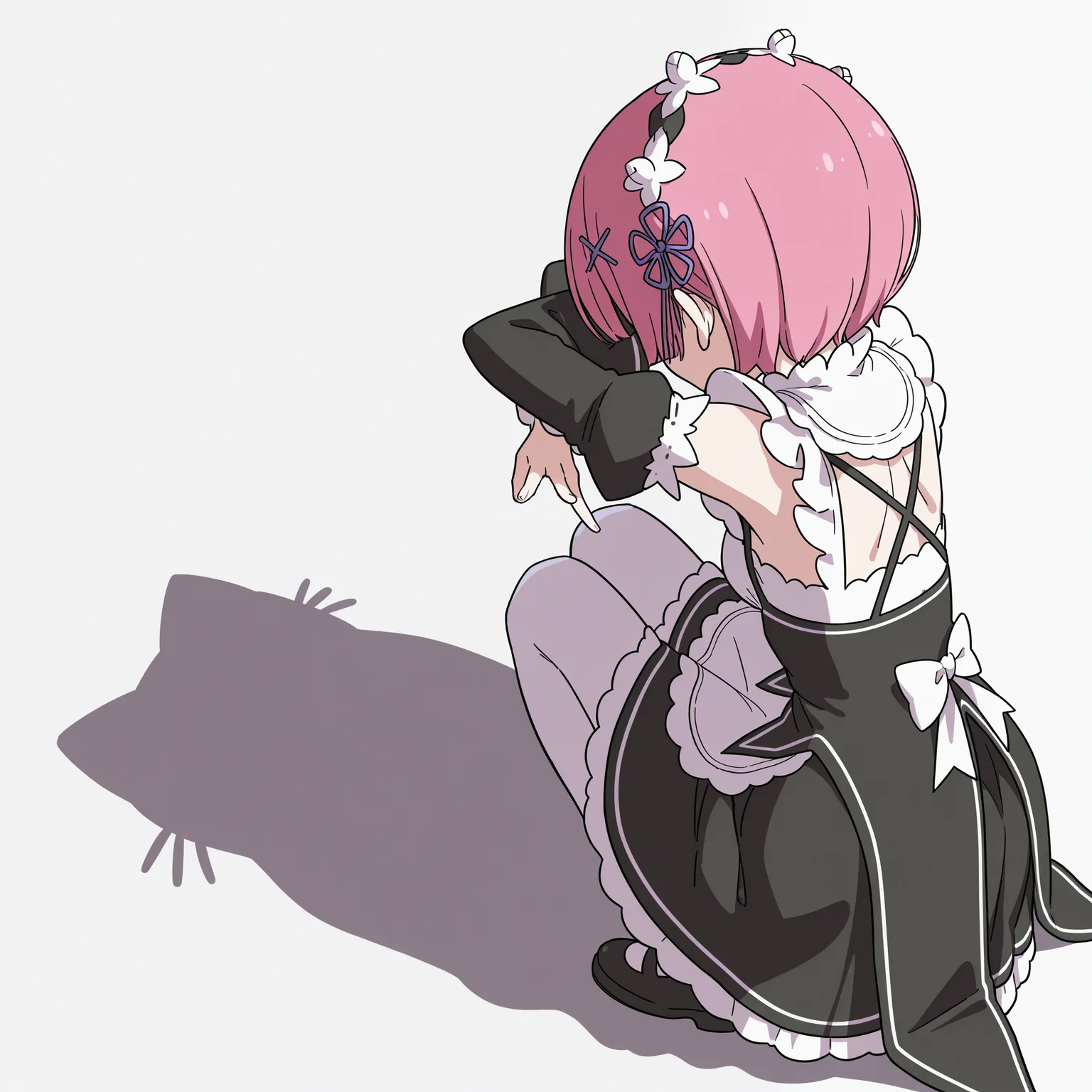 highres, absurdres, hi res, best quality, masterpiece, 2d, intricate details, 4k, anime coloring,
1girl, solo, female, pink hair, short hair, ram \(re:zero\),
maid headdress, maid, maid apron, roswaal mansion maid uniform, detached sleeves,
from behind, from side, shadow, animal, parody, squatting, cat, meme, cat shadow puppet \(meme\), cat shadow puppet (meme), crossed arms,
white background, <lora:Cat_Shadow_Puppet_(Concept)_ILXL:1>,