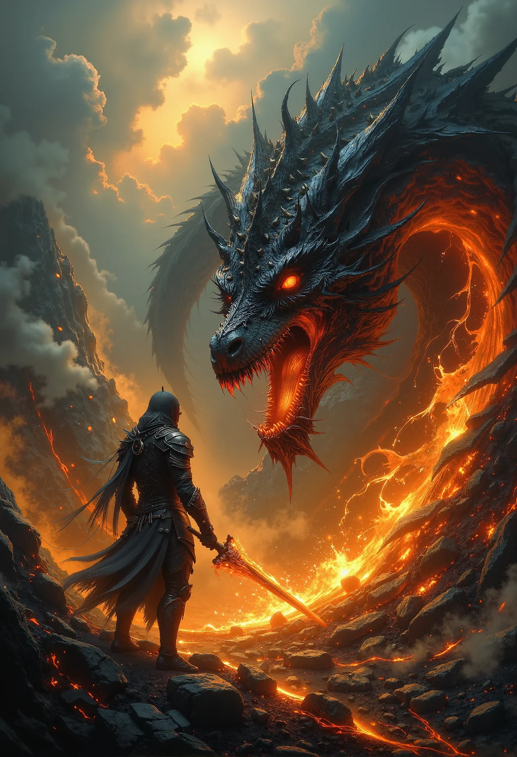 A fiery standoff between a lone, hooded warrior and a colossal, menacing dragon in a desolate volcanic wasteland. The dragon looms large, its glowing orange eyes burning with rage, its mouth wide open, unleashing a fiery roar. The warrior stands defiantly, clad in a long, flowing cloak, wielding a sword engulfed in blazing flames, ready to strike. The ground is scorched and littered with smoldering rocks, with glowing embers swirling in the air. Dramatic lighting emphasizes the scale and tension of the confrontation, with ash-filled clouds creating a dark, apocalyptic backdrop. Epic, intense, and full of cinematic glory. <lora:Midjourney_Dreamlike_Fantasy_FLUX_LoRA.safetensors:0.65>, <lora:flux_sparklycism.safetensors:0.5>, <lora:- Flux1 - vanta_black_V1.0.safetensors:0.75>, <lora:Ethereal Grace - s1 g4.safetensors:0.5>,