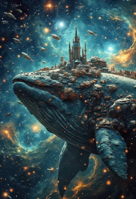 A fantasy whale like creature floating through space, stars and nebulas in the background. On its back is an entire cityscape, with futuristic architecture and miniature flying vehicles