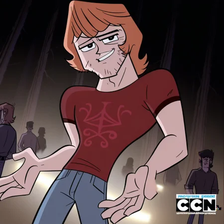 Cartoon source, official art, High Quality, toon, Black LineArt, break
Brandon, 1boy, alone, black eyes, orange hair, facial face, sideburns, black eyebrows, happy look, looking at viewer, shirt, blue pants, broad chest, athletic body, party, dynamic view, dynamic pose, dynamic angle,
