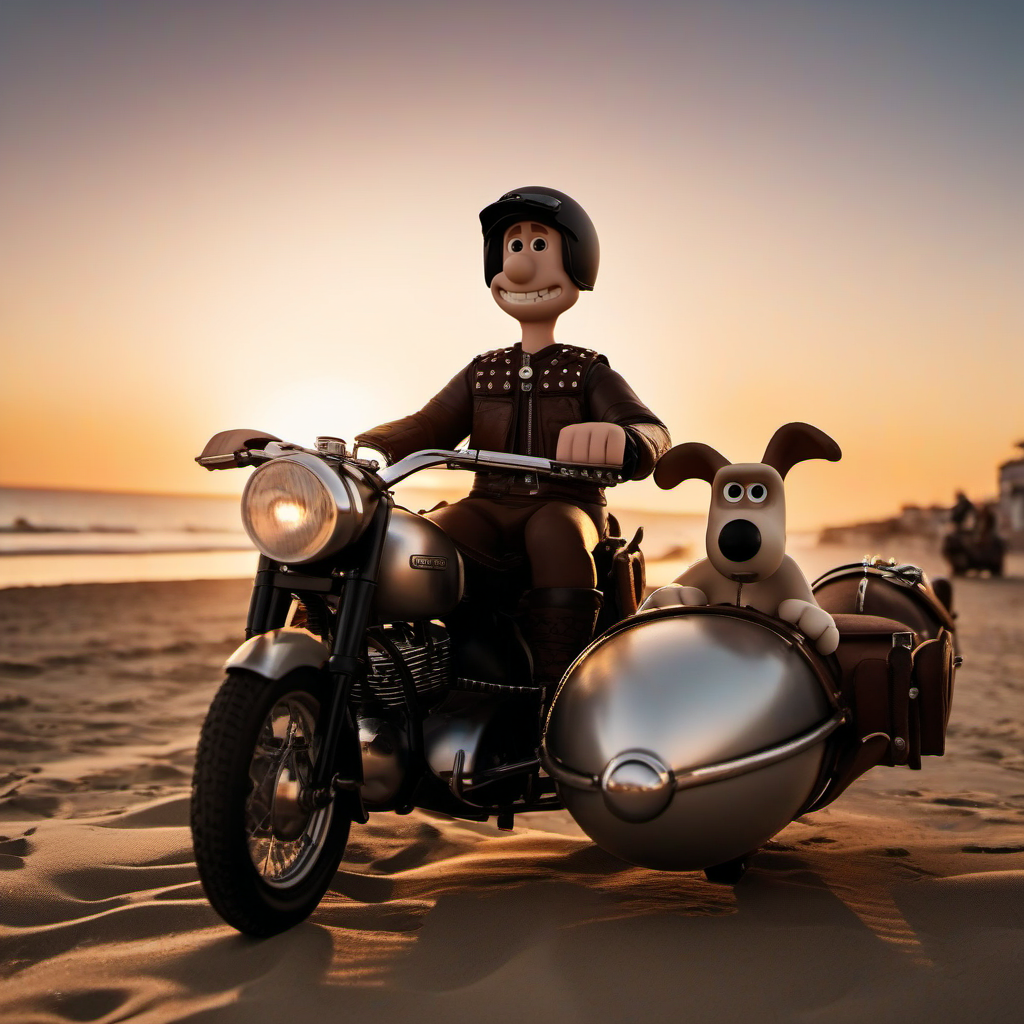 cinematic photo cinematic photo 1boy, bald, solo,  whool vest,  teeth, leather jacket, helmet, riding a sidecar with a dog on the beach, sunset <lora:WallaceGromit1024:0.8> . 35mm photograph, film, bokeh, professional, 4k, highly detailed . 35mm photograph, film, bokeh, professional, 4k, highly detailed