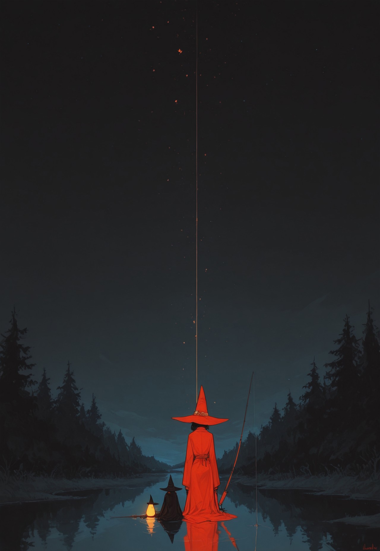 score_9, score_8_up, score_7_up, masterpiece, best quality, very aesthetic, 2girls, incoth, (incase:0.6), detailed face, (dynamic:1), stylized, illustration, r17329_illu, mage, huge brimhat, witch, robes, ethereal fishingrod, glowing fishingrod, spell, fishing, lake, reflection, from behind, serene, dark,  