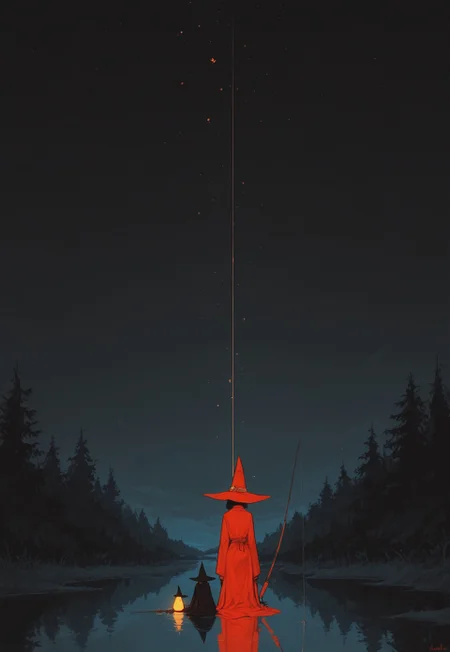 score_9, score_8_up, score_7_up, masterpiece, best quality, very aesthetic, 2girls, incoth, (incase:0.6), detailed face, (dynamic:1), stylized, illustration, r17329_illu, mage, huge brimhat, witch, robes, ethereal fishingrod, glowing fishingrod, spell, fishing, lake, reflection, from behind, serene, dark,