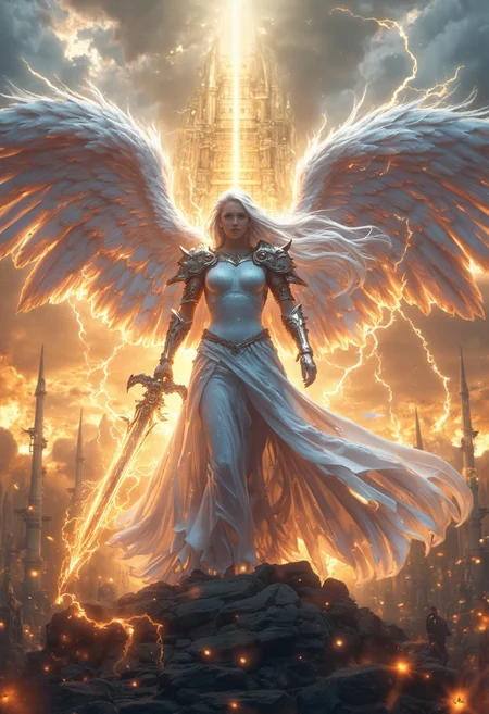 In a breathtaking tableau, a regal female warrior stands tall, her flowing white hair cascading down her back like a river of moonlight. Donning radiant white spiked armor that seems to absorb and reflect the ambient light, she exudes an aura of menace. Majestic wings, aglow with divine energy, unfurl behind her, their ethereal beauty tempered by the intensity of the scene. Clutching a mighty sword that crackles with electric power, its blade shimmering like the sun, our warrior appears ready to vanquish any foe.
Before her, the grand temple rises from the clouds, its pillars and intricate carvings bathing in golden light as if kissed by the divine. Softly glowing clouds drift lazily around this majestic backdrop, punctuated by beams of radiant energy that cast a serene yet powerful atmosphere. As gentle orange dust swirls through the air, it imbues the scene with a touch of magic.
Framed by the high-contrast interplay of light and shadow, our warrior stands as a symbol of contrasts: fierce yet divine, human yet angelic. The cinematic lighting and meticulous composition bring this hyper-realistic world to vivid life, capturing the essence of an otherworldly realm where myth and reality blur.