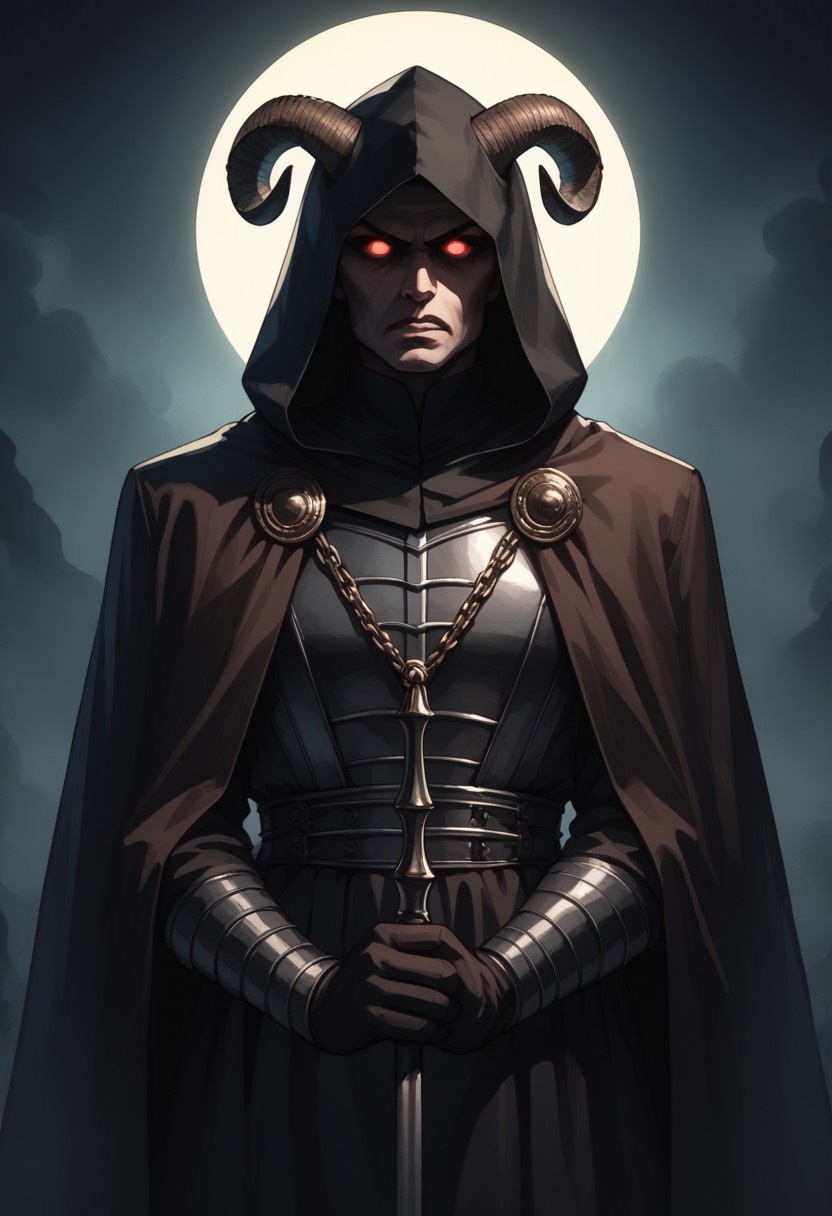 score_9, score_8_up, score_7_up,, dimly lit scene, a solitary night reaper radiating a menacing aura, black serpents forming a billowing cloak of darkness, adorned in intricate matte black gothic armor, his face concealed by a deep hood, eyes lost in shadow, surrounded by phantom-like shadows, ancient runes glowing faintly across his armor, subtle horns emerging from the hood, wielding a scythe that emits an eerie glow, casting an ominous light, dark energy coursing through the scene, low-key lighting enhancing the foreboding atmosphere, p4int3dn0ir art style