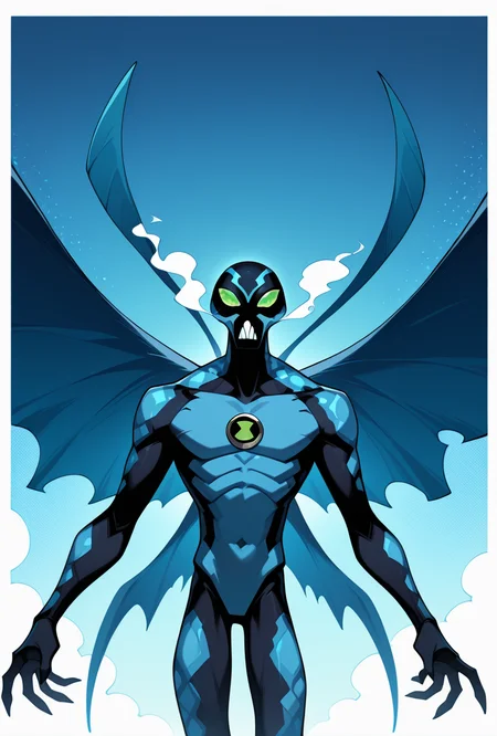 <lora:bigchill-07:1> bigchill, solo, 1boy, green eyes, blue skin, no humans, green sclera, teeth, no pupils,, blue wings, cowboy shot dynamic pose, blue background,  looking at viewer, steam breath,, masterpiece, best quality, amazing quality, very aesthetic, absurdres, newest,, upper body, halftone effect, white borders, abstract background:1.2,