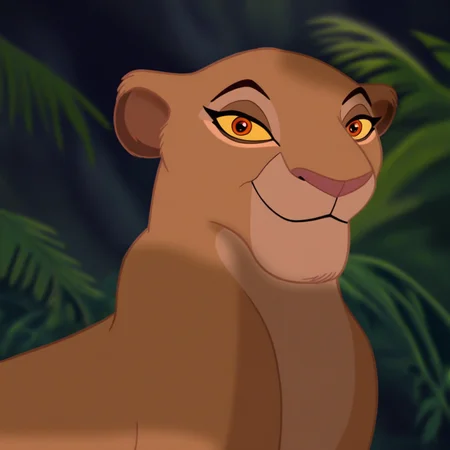 Furry, feral, female, lioness, Sarabi, orange eyes, yellow sclera, looking at viewer, smiling, in the jungle,