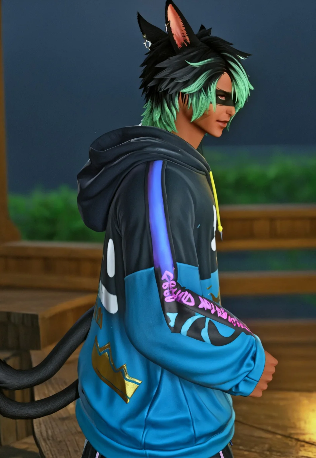 masterpiece, best quality,KrhisT1A, 1boy, male focus, dark-skinned male, solo, animal ears, green hair, dark skin, hood, hair over one eye, hoodie, tail, cat ears, cat boy, cat tail, multicolored hair, hat, miqo'te, black hair, short hair, jewelry, facepaint