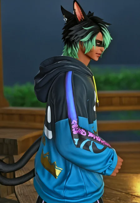 masterpiece, best quality,KrhisT1A, 1boy, male focus, dark-skinned male, solo, animal ears, green hair, dark skin, hood, hair over one eye, hoodie, tail, cat ears, cat boy, cat tail, multicolored hair, hat, miqo'te, black hair, short hair, jewelry, facepaint