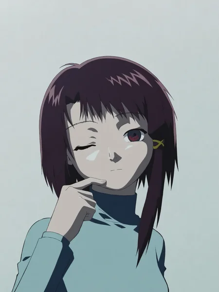 woman, 20 year old, 20-year-old-woman, adult, score_9, BREAK masterpiece, high quality, white background, <lora:Iwakura_Lain_PS_PDXLv0-e50:0.8> 1girl, solo, iwakura lain ps, one closed eyes, one open eyes, looking at viewer, hand on own chin, from side, closed mouth, long sleeve light blue dress