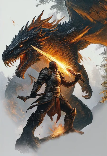 Knight fight against giant dragon, in beautiful forest, 8k  action shot, knight in full armor, knight with giant flame sword,fighting, fantasy, gigantic dragon, bosstyle,