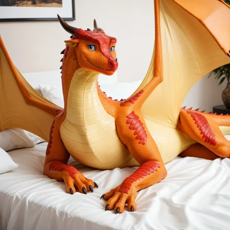 score_9, score_8_up, score_7_up, score_6_up, score_5_up, score_4_up, masterpiece, high quality, realistic, detailed, best quality, white bed, solo, rating_safe, source_furry, bedroom, smiling, seductive, looking at viewer, lying on belly, feral, peril_wof, skywing, dragon, orange scales, wings, horn, blue eyes, tail, claws, female, 1girl