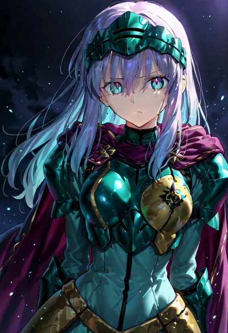 score_9, score_8_up, score_7_up, ((solo)), calm, pout, closed mouth, 1girl, solo, (medium breasts, thin waist, wide hips), peaceful, closed mouth, adult, (((eirika face))), (((cyan hair, cyan eyes))), ((long hair, hair between eyes)), (((indigo cape, metal headband, green metal_uniform, metal breast_armor))), no background, dark background, cowboy shot, dark background, portrait, Expressiveh,
