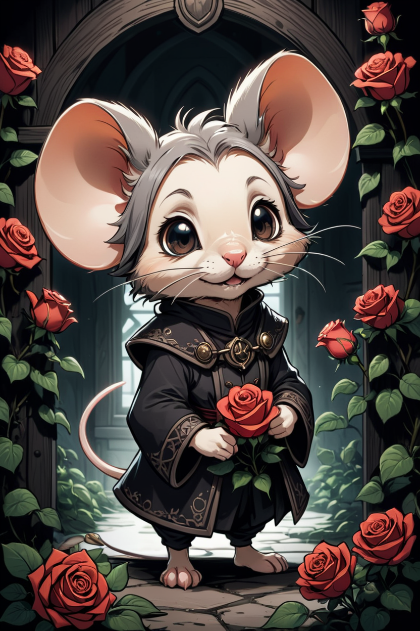 cute chibi mouse living in a house full of roses,  cottagecore, 
2D comic illustration, 
anime fantasy, 
fine-inked Thick-outlines, 
cel-shaded, 
contour, 
mysterious, 
Dark, 
by alphonse mucha, 
Town of Salem 2, 
darkest dungeon, 
iratus:lord of the dead
