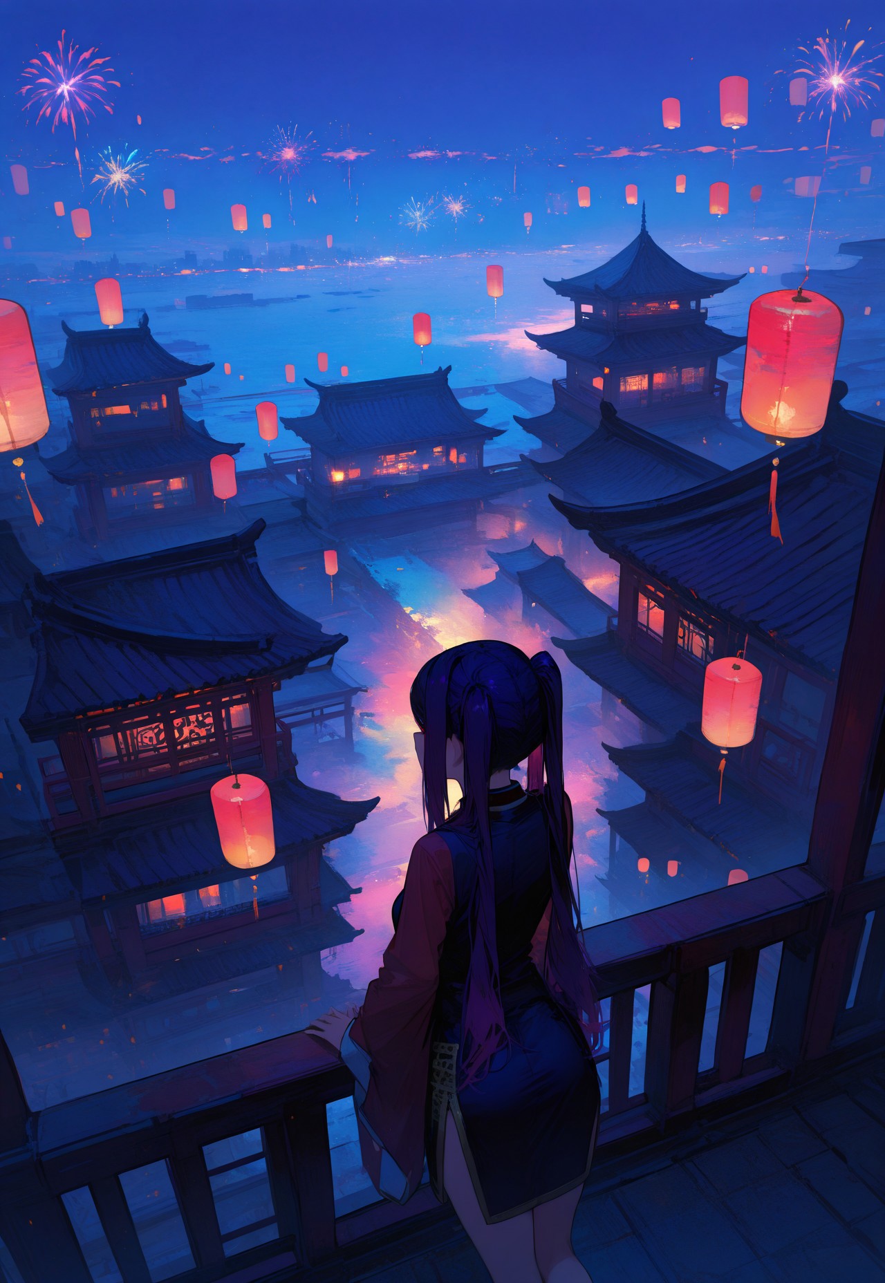 masterpiece, best quality, newest, absurdres, highres, 748cmstyle,
silhouette, chinese style architecture next to a flowing river, small islands, tower, outer corridors with roof, scenery jill stingray, chinese dress, (twintails:1.2), dark purple hair, red eyes, (perfect hands:1.2), human subject focus, ((clean lines, high quality, intricate, dense)), vibrant colors, at night, lanterns, from above, colorful fireworks,