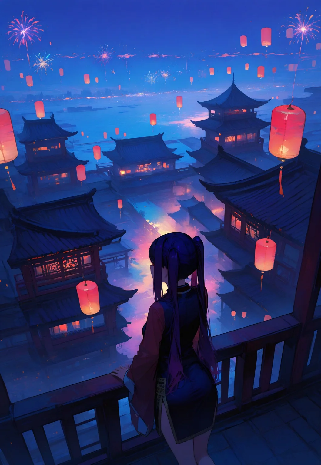 masterpiece, best quality, newest, absurdres, highres, 748cmstyle,
silhouette, chinese style architecture next to a flowing river, small islands, tower, outer corridors with roof, scenery jill stingray, chinese dress, (twintails:1.2), dark purple hair, red eyes, (perfect hands:1.2), human subject focus, ((clean lines, high quality, intricate, dense)), vibrant colors, at night, lanterns, from above, colorful fireworks,