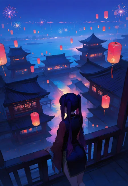 masterpiece, best quality, newest, absurdres, highres, 748cmstyle,
silhouette, chinese style architecture next to a flowing river, small islands, tower, outer corridors with roof, scenery jill stingray, chinese dress, (twintails:1.2), dark purple hair, red eyes, (perfect hands:1.2), human subject focus, ((clean lines, high quality, intricate, dense)), vibrant colors, at night, lanterns, from above, colorful fireworks,