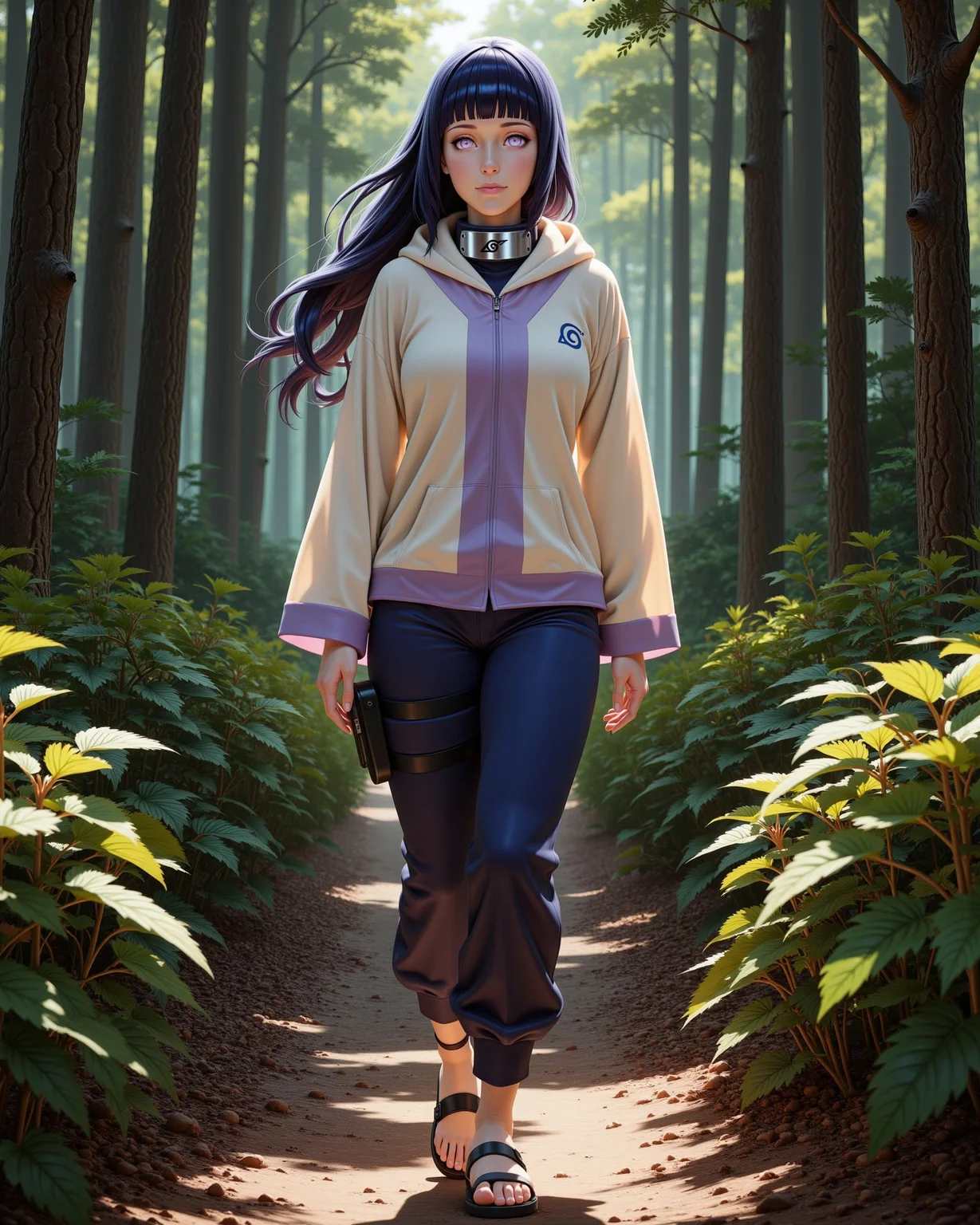-looking at viewer, outdoors daylight, a 20 year old adult mature woman.
PhotoRealistic Style, front view photo of.
<lora:Naruto_-_Hinata_v2-000030:1> n-hinata, purple eyes, blunt bangs, black hair wearing cream hooded jacket with lavender accents, navy blue pants, blue ninja sandals, Konoha forehead protector
A woman walks through a dense forest, the trees towering above her as she picks wild berries from the bushes lining the path.