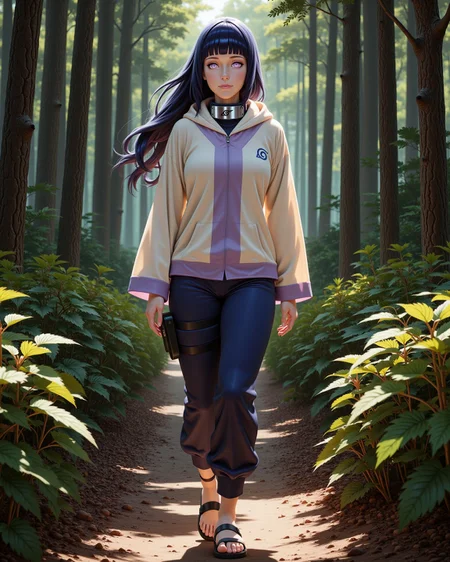 -looking at viewer, outdoors daylight, a 20 year old adult mature woman.
PhotoRealistic Style, front view photo of.
<lora:Naruto_-_Hinata_v2-000030:1> n-hinata, purple eyes, blunt bangs, black hair wearing cream hooded jacket with lavender accents, navy blue pants, blue ninja sandals, Konoha forehead protector
A woman walks through a dense forest, the trees towering above her as she picks wild berries from the bushes lining the path.
