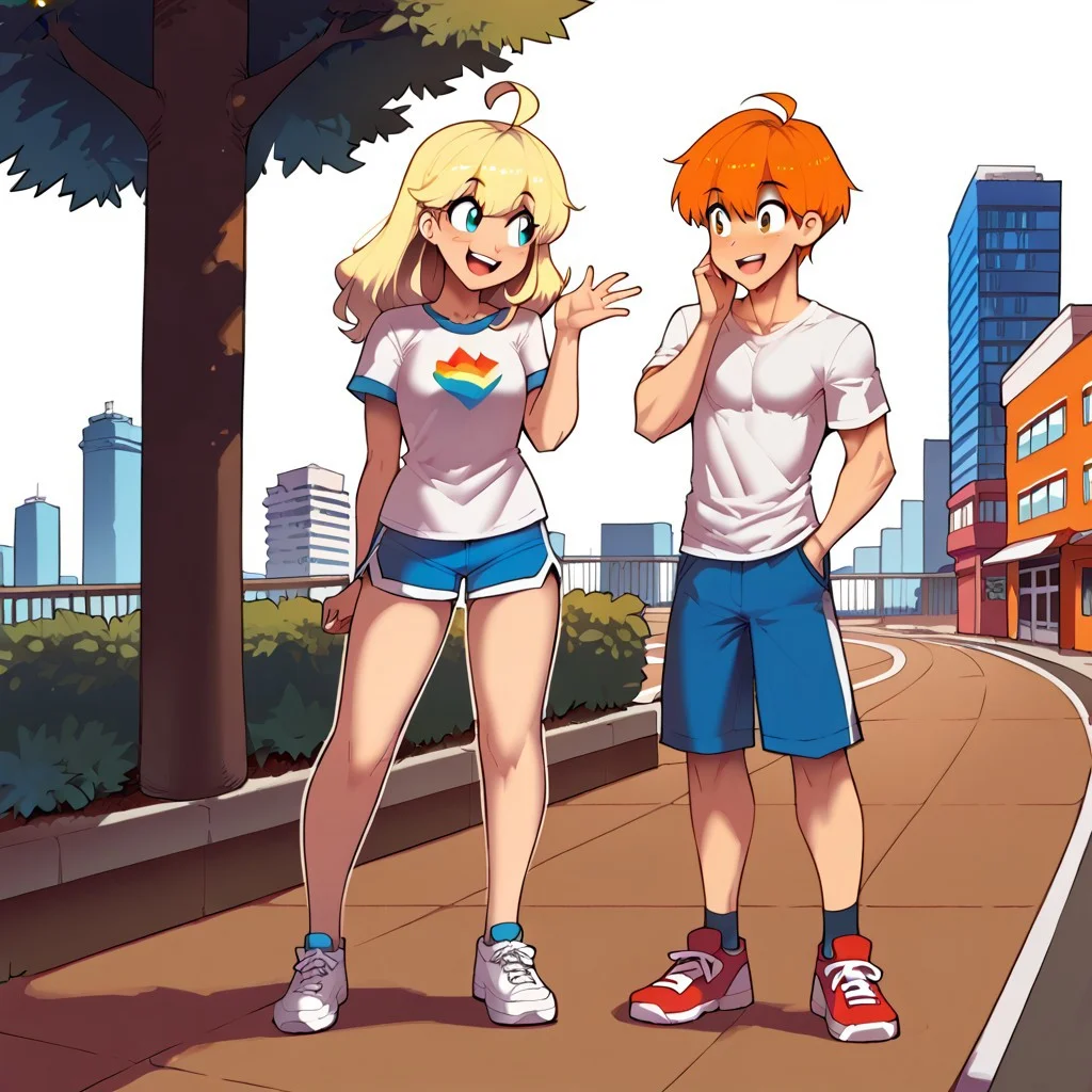freerrystyle, score_9, score_8_up, score_7_up, source_anime, masterpiece, best quality, duo, two characters, 1girl and 1 boy, 1 girl, colorfull, shorts, shirt, shoes, open mouth, short sleeves, smile, blush, bangs, :d, long hair, full body, t-shirt, sneakers, ahoge, looking away, hand up, 1boy, cute, happy, smiling, white outline, standing, full-length portrait, city background, short hair, eyes, shorts, shirt, shoes, street background