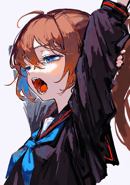 masterpiece, best quality, very aesthetic BREAK kiato, (ciloranko:.7), dino \(dinoartforame\), horror \(theme\), gritty, colorful, faux traditional media, painting \(medium\) BREAK 1girl, solo, brown hair, blue eyes, high ponytail, serafuku, leaning back, stretching, yawning, half-closed eyes, arms up
<lora:noob05-kiato-unet only-feb18-step00002464:1>