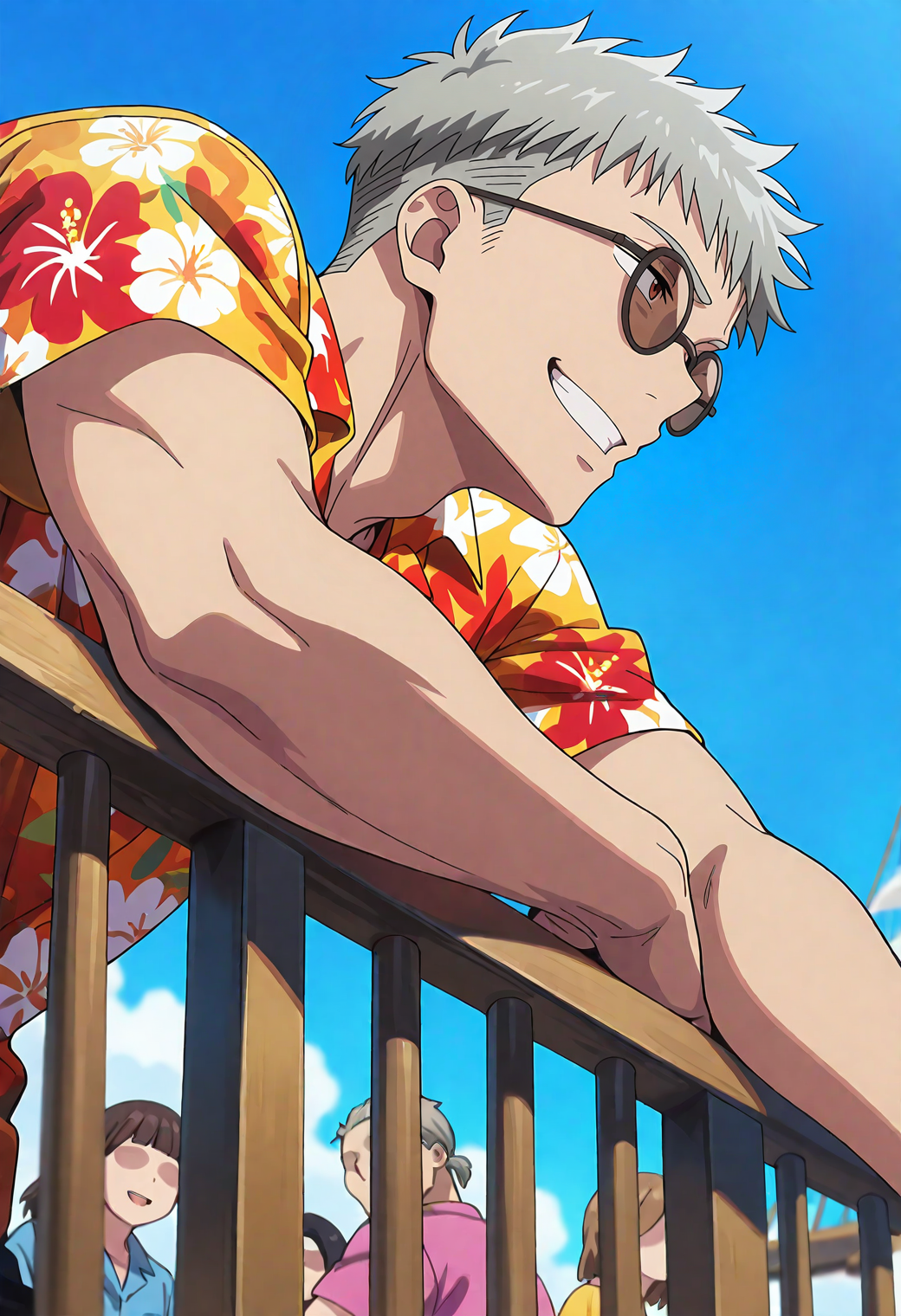 <lora:Fujimoto_Shiro_Blue_Exorcist__Ao_No_Exorcist__éã®ç¥é­å¸«:1>,fsh1r0,gray_fsh1r0_sh1r0_hair,red_fsh1r0_eyes,1boy,male focus,solo,undercut,
from below,(from side:0.6),sunglasses,hawaiian shirt,leaning forward,against railing,grin,arm rest,(looking afar:1.1),
ship deck,blue sky,
depth of field,summer,
people,faceless,
masterpiece,very awa,best quality,amazing quality,absurdres,absurd res,hires,highres