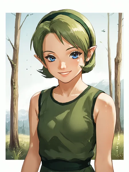 (((solo))), forest, centerfold, 1980s, high quality, <lora:saria-v4_pdxl:0.8> saria, smiling, looking at viewer, score_9_up, score_8_up, score_7_up, <lora:flat_chested_v3:0.3> <lora:Realistic_Anime:0.5>, realistic anime, <lora:gakuen_kantai_style_ForPony_r1:1>