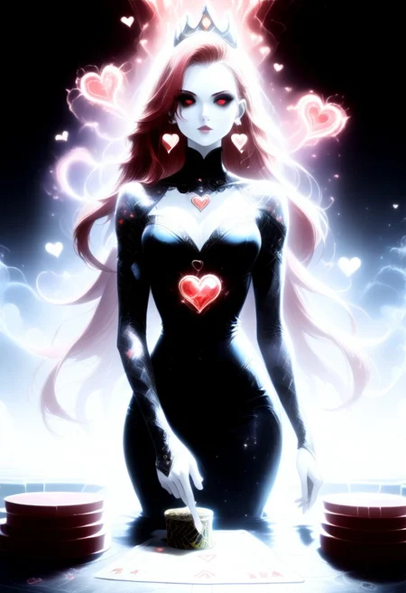 , score_9, score_8_up, score_7_up, Female, PG, Physical characteristics: Elegant facial features, pale skin, striking dark eyes, flowing red hair composed of heart shapes, full body, full body shot Clothing and accessories: Red, heart-shaped elements enveloping her body and head; intricate earrings visible, Position: Reclining or emerging from the playing card, with one hand extended gracefully, Background: Dark backdrop with smoky, ethereal effects, scattered red hearts and poker chips enhancing the thematic composition, Main element: Queen of Hearts playing card, creatively designed with a vivid, surreal touch, Art style: Hyper-realistic with fantasy elements, emphasizing red tones and a luxurious, dramatic atmosphere,