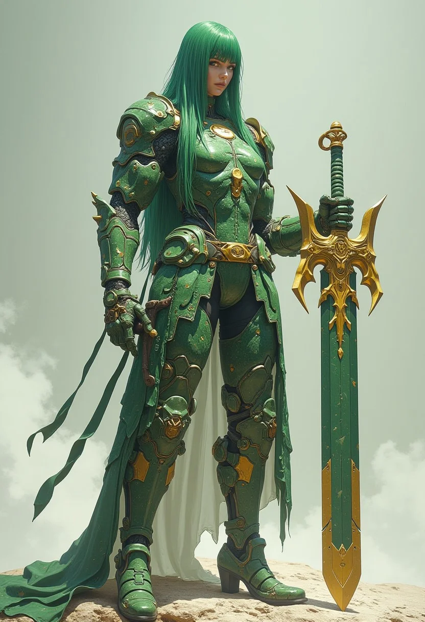 (score_9, score_8_up, score_7_up) marble face, rock arms, marble skin, ((stone golem woman)), strong body, Mature, mature face, 35 years, large face,fringe, a lob long straight green hair, hands holding sword in fighting posture, serious face, large Blade of gold, homare style, octane render, high detailed, ultra realistic, volumetric, looking horizon, green eyes, green lips, boots high heels, battle dress