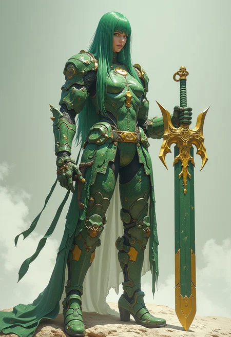 (score_9, score_8_up, score_7_up) marble face, rock arms, marble skin, ((stone golem woman)), strong body, Mature, mature face, 35 years, large face,fringe, a lob long straight green hair, hands holding sword in fighting posture, serious face, large Blade of gold, homare style, octane render, high detailed, ultra realistic, volumetric, looking horizon, green eyes, green lips, boots high heels, battle dress