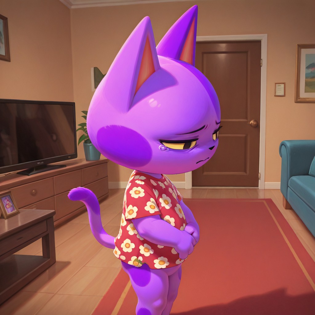 masterpiece, best quality, amazing quality, bob, male, furry male, anthro, solo, cat, purple fur, two-tone fur, yellow sclera, black pupils, pointed ears, paw pads, tail, red floral shirt, standing, sad, indoors, living room