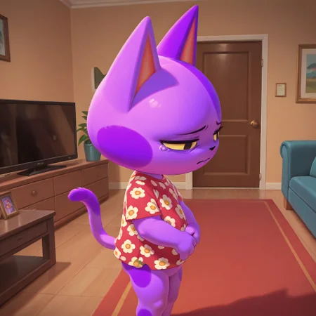 masterpiece, best quality, amazing quality, bob, male, furry male, anthro, solo, cat, purple fur, two-tone fur, yellow sclera, black pupils, pointed ears, paw pads, tail, red floral shirt, standing, sad, indoors, living room