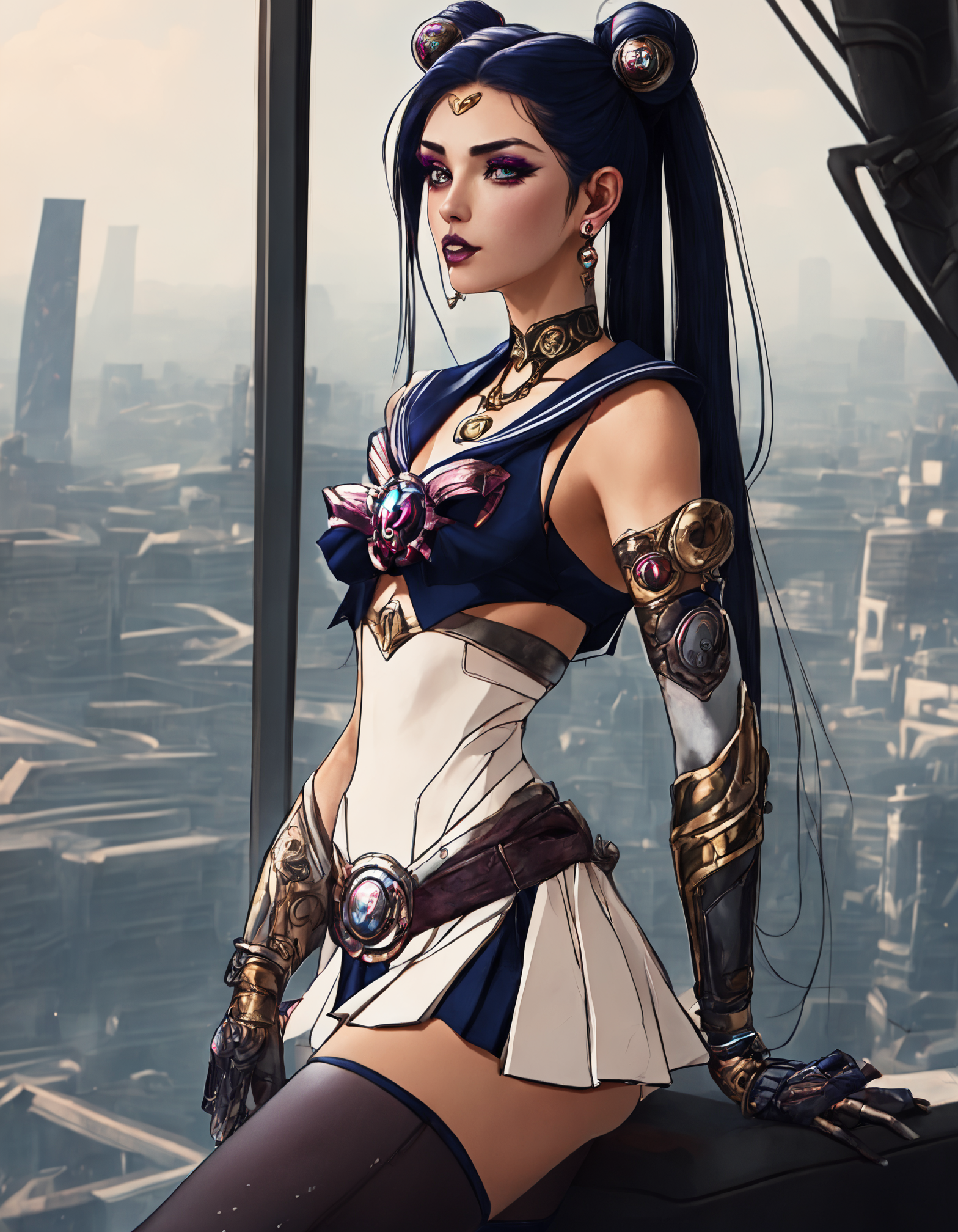 (Beautiful cyborg princess looking out over her lands from a tall tower, league of legends, long legs, belly dancer, high heels, intricate detail, cyberpunk Japan, futuristic, clean sharp focus) <lora:Dusk_XL_Goth_Moon_dadapt_cos_1e-7:1> 1girl, long hair, twintails, jewelry, hair bun, earrings, double bun, tsukino usagi, sailor collar, choker, hair ornament, crescent, sailor moon, skirt, gloves, very long hair