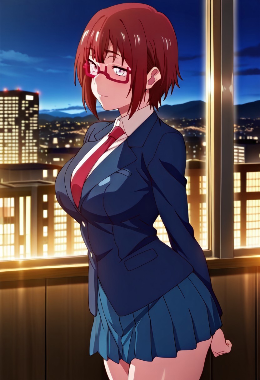 ((masterpiece, absurdres)), best quality, amazing quality, newest, 4k, anime coloring, very aesthetic, ray tracing, Smooth Quality, CG, source_anime,
city view,night,chitose, 1 female, red hair, pink eyes, red glasses, short hair, school uniform, ties,miniskirt,dusk lighting