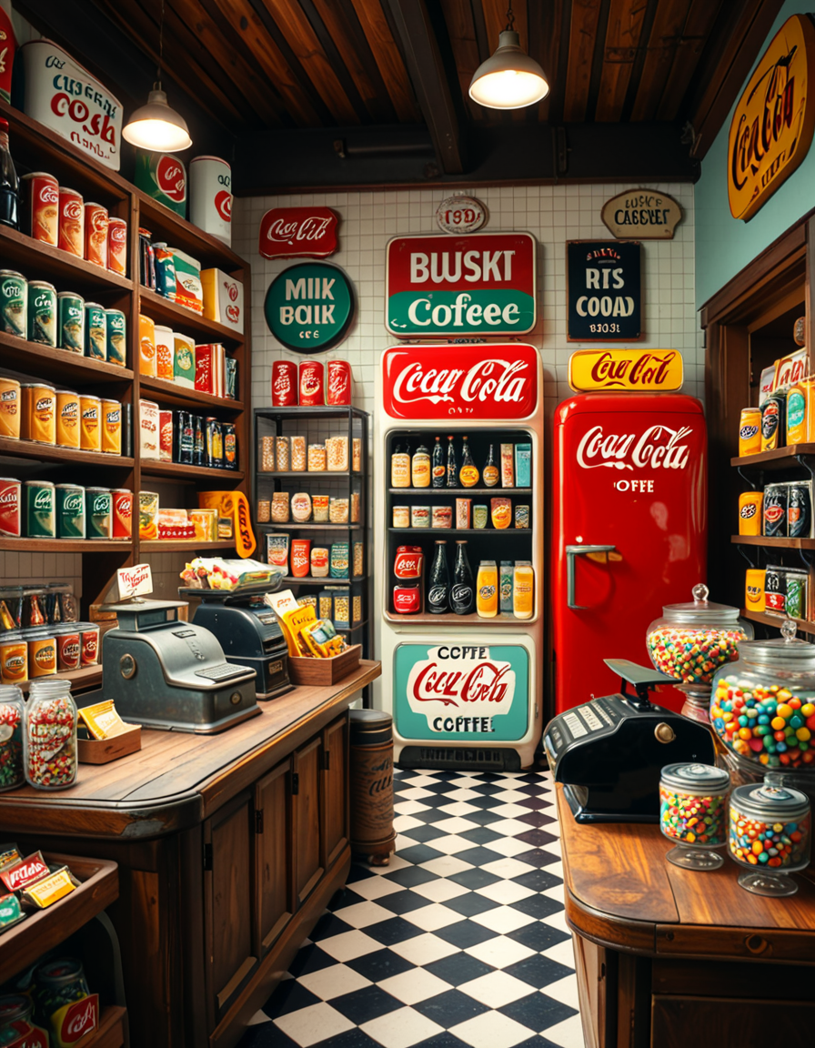 A vintage 1950s grocery store filled with nostalgic details. Wooden shelves neatly stocked with classic canned goods, glass soda bottles, and colorful retro packaging. An old-fashioned cash register sits on the wooden counter, next to a small scale for weighing produce. The checkered black-and-white tile floor adds to the mid-century charm, while hand-painted signs on the walls advertise milk, bread, and coffee in bold, retro fonts. A display of penny candy in glass jars sits near the entrance, and a vintage Coca-Cola refrigerator hums in the background. Soft, warm lighting casts a nostalgic glow over the scene, enhancing the rich textures of wood, glass, and metal, capturing the essence of a bygone era.
<lora:SDXLFaeTastic2400:0.4> <lora:extremely_detailed:0.4> extremely detailed
 <lora:1950s_grocery_st0r3:1>,1950s grocery st0r3, Masterpiece,best quality,hi res,8k,hi res,8k,award winning,(sharp focus, intricate, highly detailed),