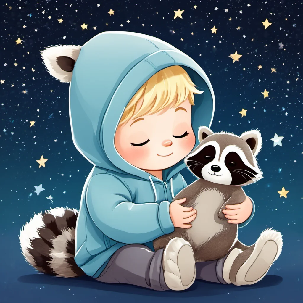 illustration, children's book, simple art of a sleeping toddler boy with short wavy blonde hair wearing a hoodie, holding a single stuffed animal. dreamlike, stars, galaxy, chibi BREAK (stuffed animal racoon:1.1)