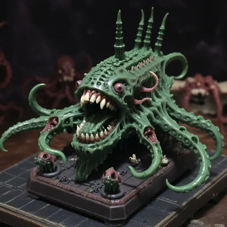 <lora:Chaos_Warfleet_-_Warhammer_40000_SDXL:1>chaoswarfleet, green battleship,space,warp,demonic presence,demonic face,distortion,nightmare,bones,pus,rot,tentacles,eyes,tongues,tentacles,flesh,mouths,miniature on table,twisted,