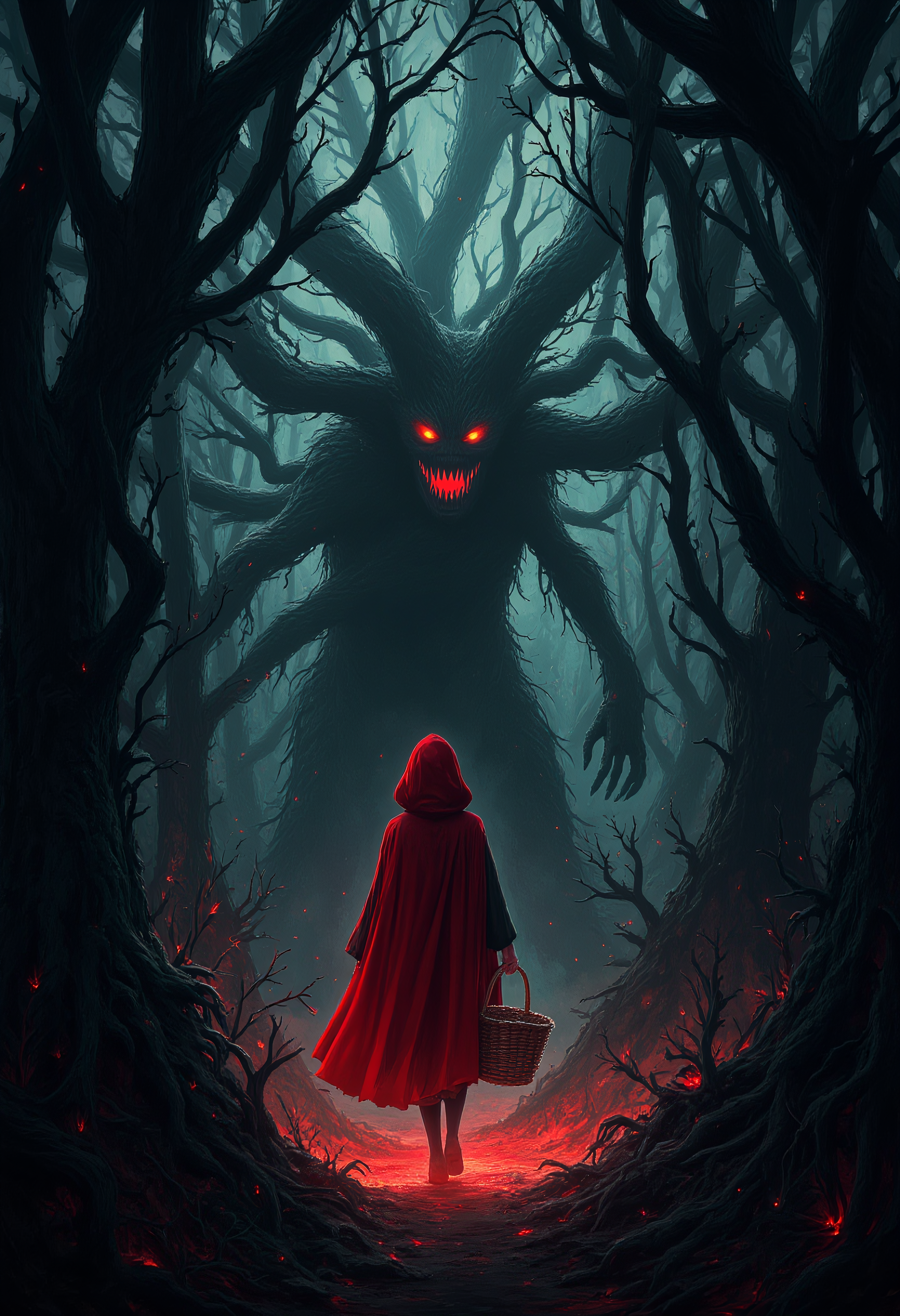 illustration, A haunting, creepy scene of Little Red Riding Hood holding weaved basket, walking through a terrifying forest where the trees have come to life, their gnarled limbs reaching out with sharp, menacing looking eyes, The bright red glow of her cloak stands out dramatically against the dark, twisted woods, her back to the viewer as she unknowingly steps deeper into danger, epic, horror, extreme details, sharp, 8k