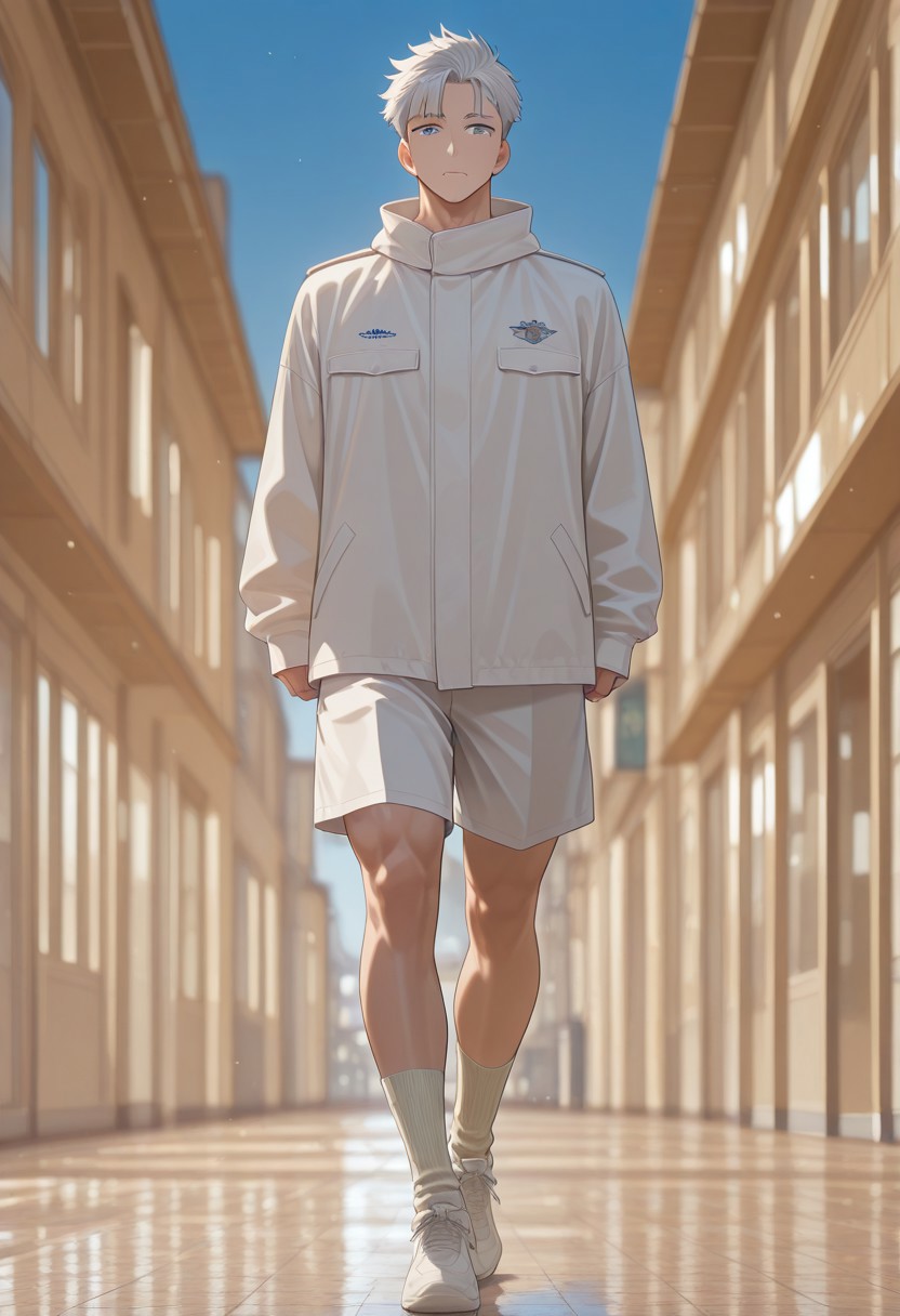from front,
[正面+キャラ名:99],
1boy,solo,
[品質タグ:99],
masterpiece,perfect quality,best quality,amazing quality,absolutely eye-catching,
[身体特徴:99],
muscle
[服装:99],
BR&Relx,
white relaxed jacket,
white shorts,
beige long socks,
[﷿ーズと解剖学的詳細:99],
[環境・背景:99],
in the city,noon,blue sky,
dynamic lighting,cinematic lighting, professional lighting, 
[追加の品質/スタイルタグ:99],