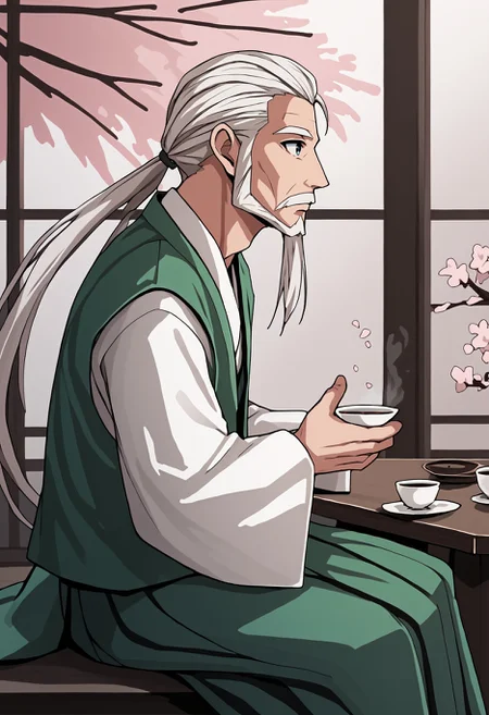 score_9,score_8_up,score_7_up,
sitting, tea, from side, cherry blossoms, looking up,
y0uki,1boy,facial hair,white hair,blue eyes,ponytail,
green vest,long sleeves,japanese clothes,green vest,hakama pants,white kimono,wide sleeves,
<lora:konpaku_youki_v1:1>