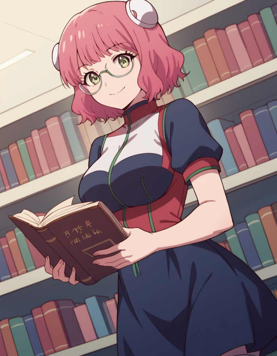 score_9, score_8_up, score_7_up, source_anime, <lora:aries-spring-s1-ponyxl-lora-nochekaiser:1>, aries spring, short hair, green eyes, pink hair, hair bun, double bun, large breasts,, thighhighs, dress, short sleeves, white thighhighs, zettai ryouiki,, library, reading books, glasses, quiet, focused, shelves of books, smile, looking at viewer, solo,, cowboy shot, dutch angle