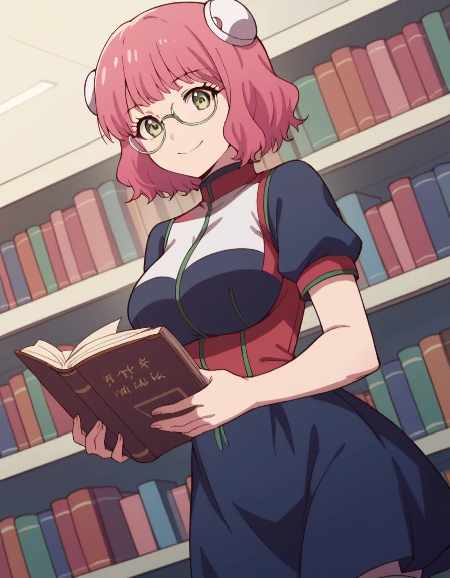 score_9, score_8_up, score_7_up, source_anime, <lora:aries-spring-s1-ponyxl-lora-nochekaiser:1>, aries spring, short hair, green eyes, pink hair, hair bun, double bun, large breasts,, thighhighs, dress, short sleeves, white thighhighs, zettai ryouiki,, library, reading books, glasses, quiet, focused, shelves of books, smile, looking at viewer, solo,, cowboy shot, dutch angle
