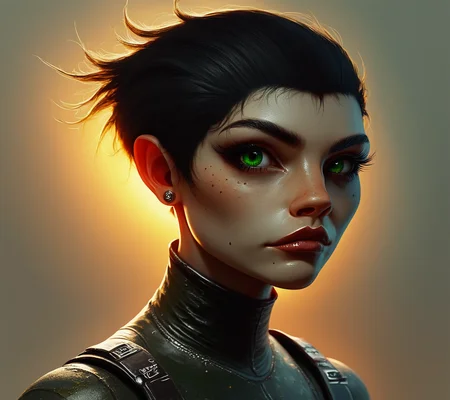score_9, score_8_up, score_7_up, score_6_up, score_5_up, score_4_up, complex, A fierce close-up of a warrior woman with jet-black hair cut in a sharp bob, piercing green eyes staring directly at the viewer, her strong jawline and furrowed brow reflecting determination and intensity., highly detailed, backlight <lora:ponys-dream:.9>