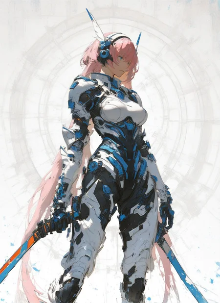 score_9, score_8_up, score_7_up, highly detailed, painting, girl, large breasts, black armor, long pink hair, standing, mcnm, deep blue sky, rating_questionable, BREAK best quality, masterpiece, e621, digital_art <lora:Mechanism-pdxl-1:1.0>