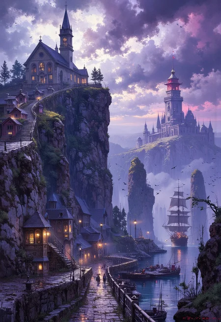 mythp0rt, ArsMJStyle, impressionism, extremely detailed, smooth and sharp, ultra realistic ominous and dark, deep shadows , over the small port town, small river nearby, extremely vertical rocky cliffside, tall church on top of the cliff, docks with wooden ships, busy skies before the storm, clouds are dense and huge, wires and pipes on the ground, huge red and white lighthouse casting shadow on the water, dense clouds, intricate rocky pthways, whole picture is filled with crows and raindrops, purple and blue and white desert scene, desolate, intricate and detailed,